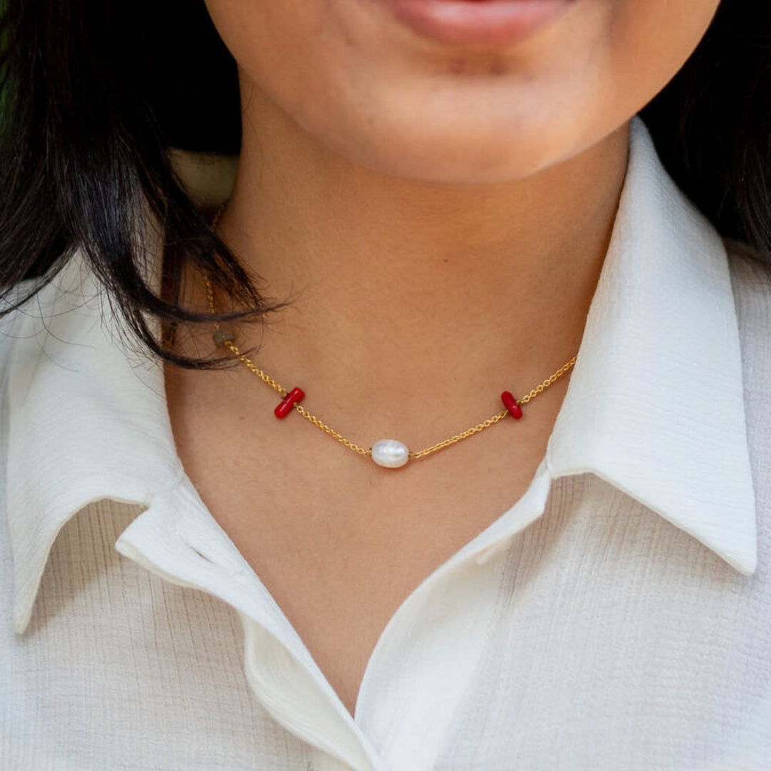 Handmade Corals Lapis And Pearl Choker Necklace