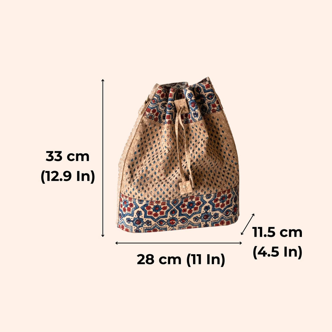Upcycled Cork & Ajrakh Print Fabric Bucket Bag