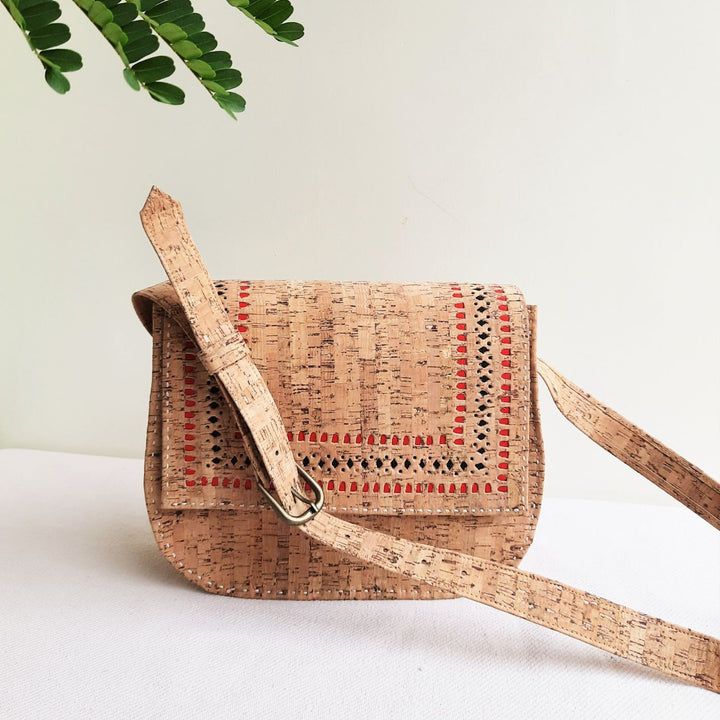 Upcycled Cork & Ajrakh Print Fabric Sling Bag