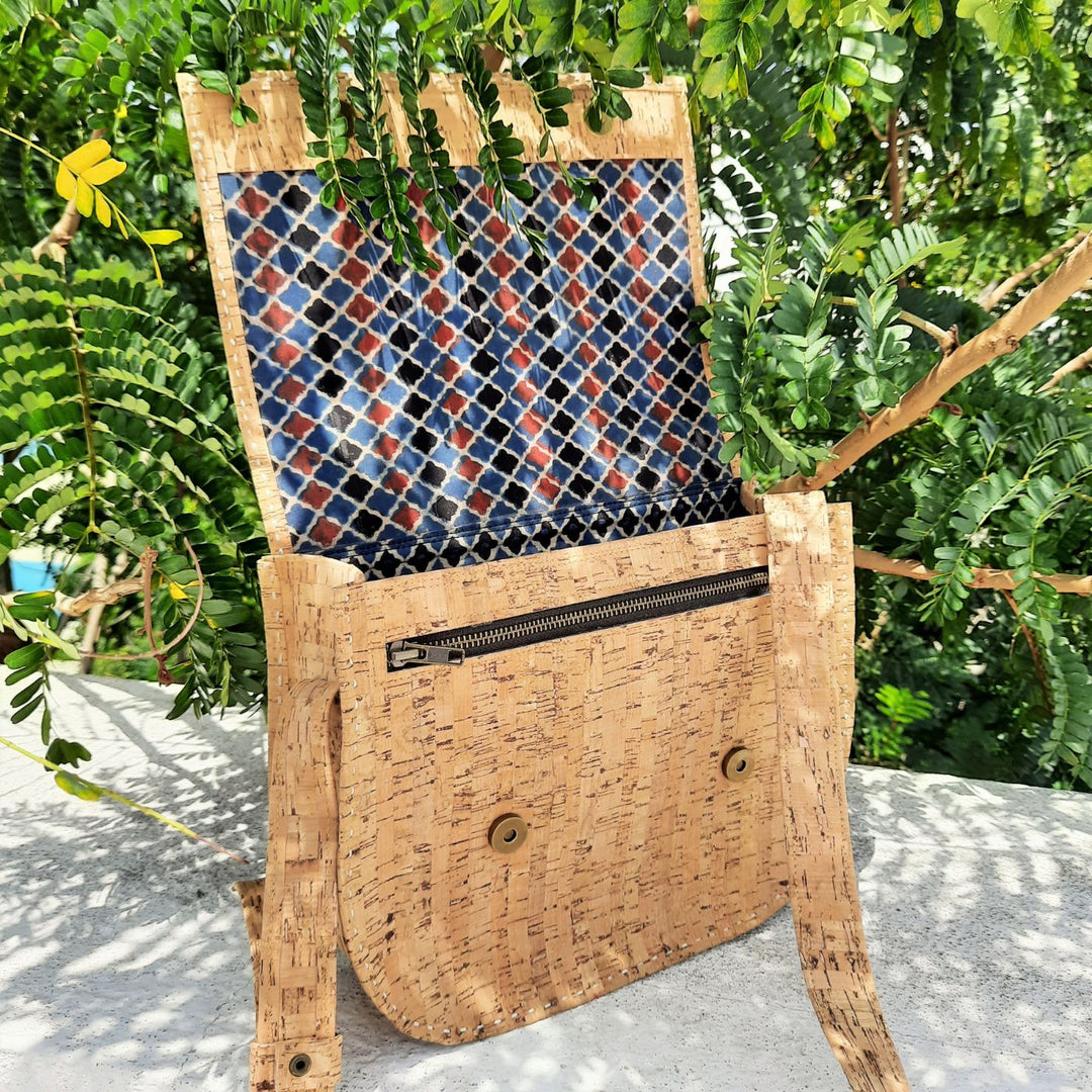 Upcycled Cork & Ajrakh Print Fabric Sling Bag