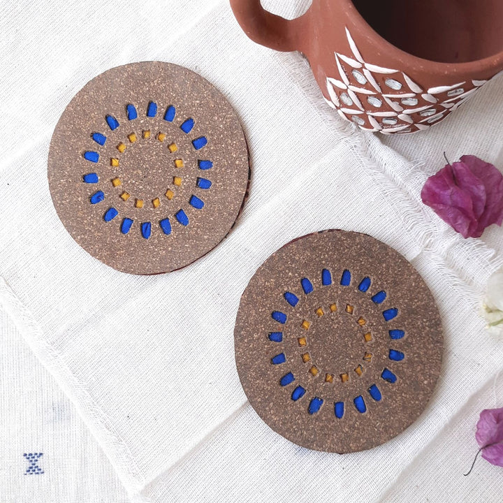 Upcycled Cork & Ajrakh Print Fabric Round Coasters I Set of 2
