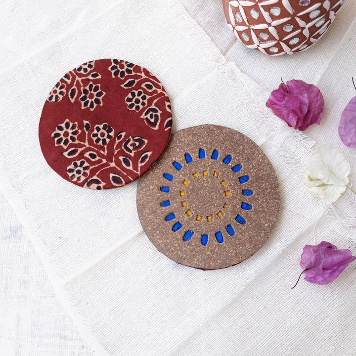 Upcycled Cork & Ajrakh Print Fabric Round Coasters I Set of 2