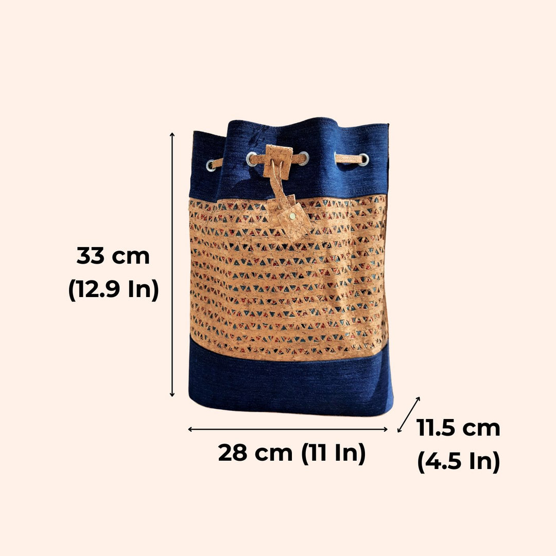 Upcycled Cork & Ajrakh Print Denim Bucket Bag