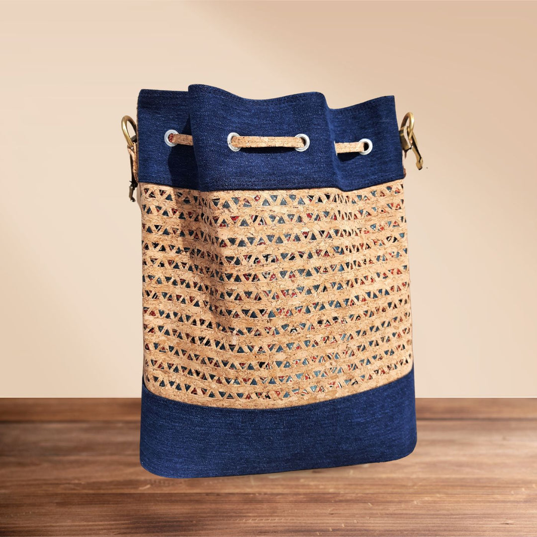 Upcycled Cork & Ajrakh Print Denim Bucket Bag