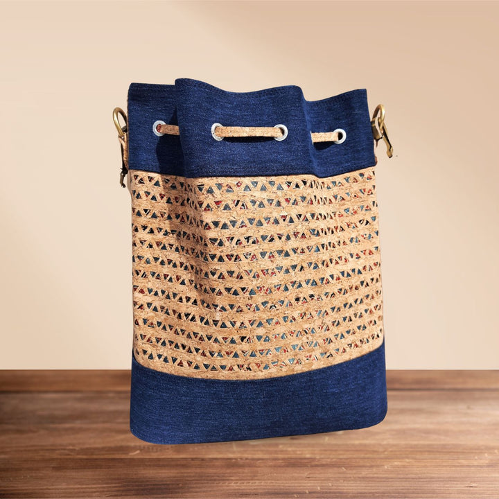 Upcycled Cork & Ajrakh Print Denim Bucket Bag