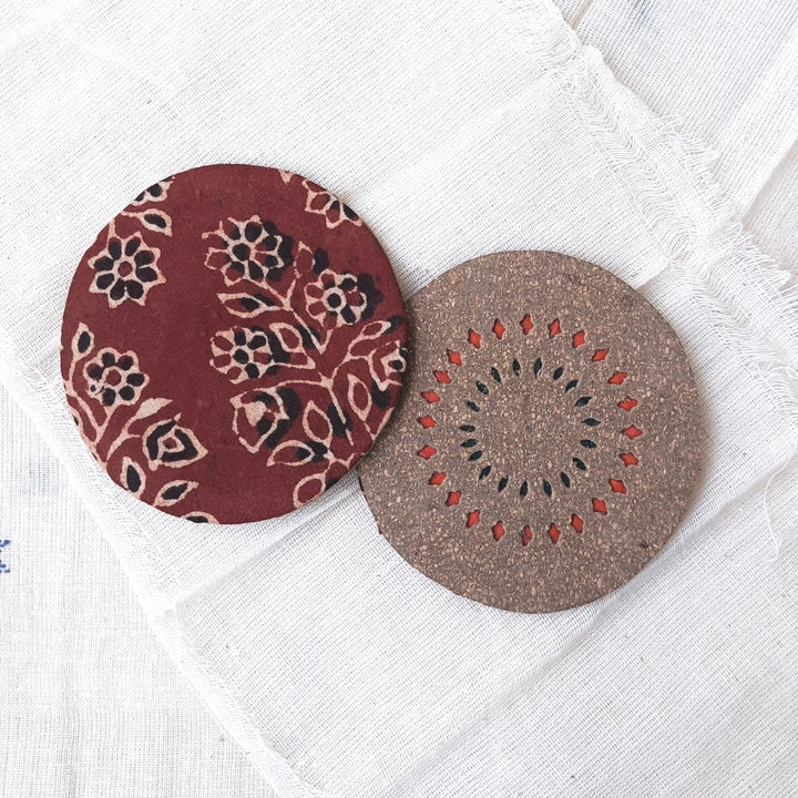 Upcycled Cork & Ajrakh Print Fabric Round Coasters I Set of 2