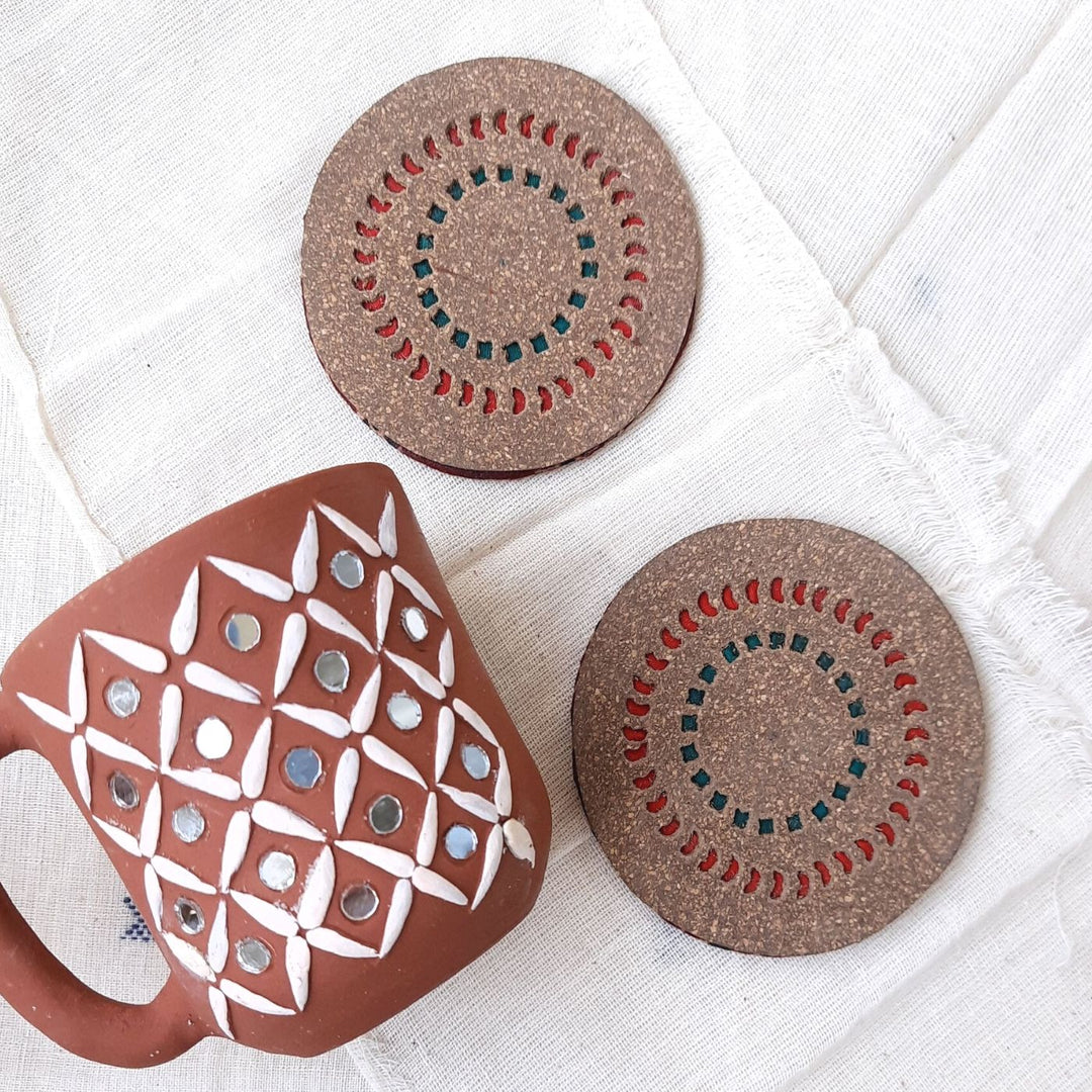 Upcycled Cork & Ajrakh Print Fabric Round Coasters I Set of 2