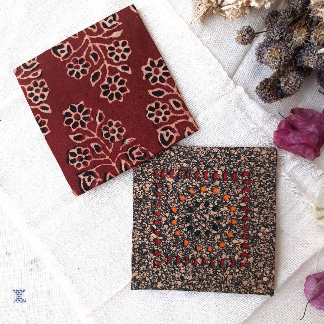 Upcycled Cork & Ajrakh Print Fabric Square Coasters I Set of 2