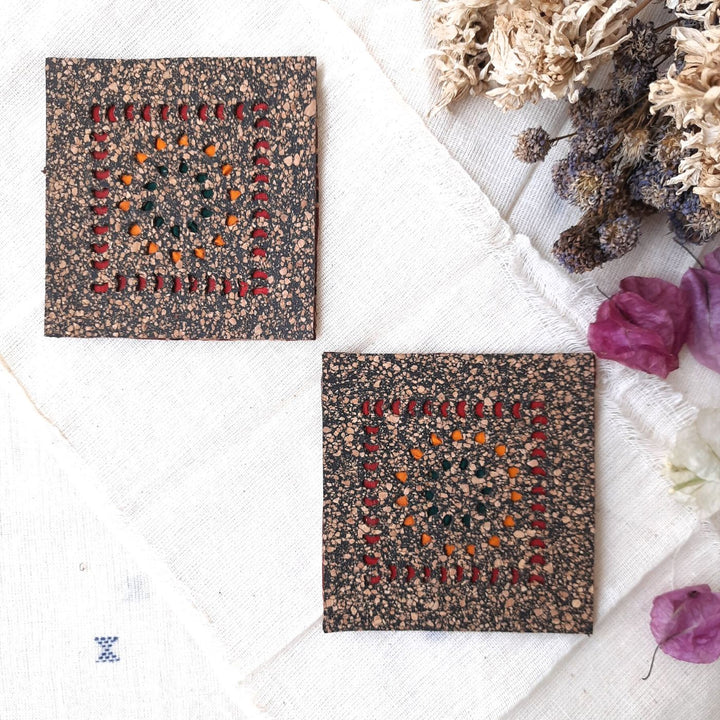 Upcycled Cork & Ajrakh Print Fabric Square Coasters I Set of 2