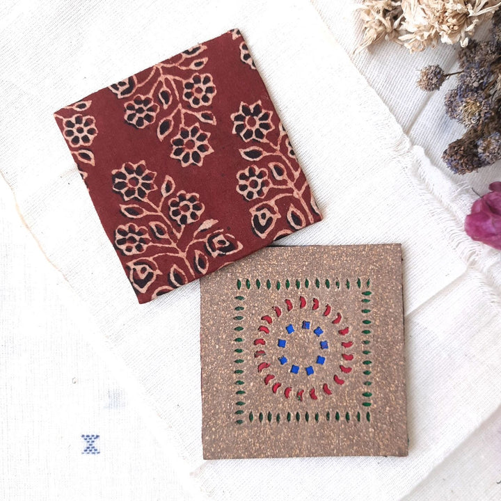 Upcycled Cork & Ajrakh Print Fabric Square Coasters I Set of 2