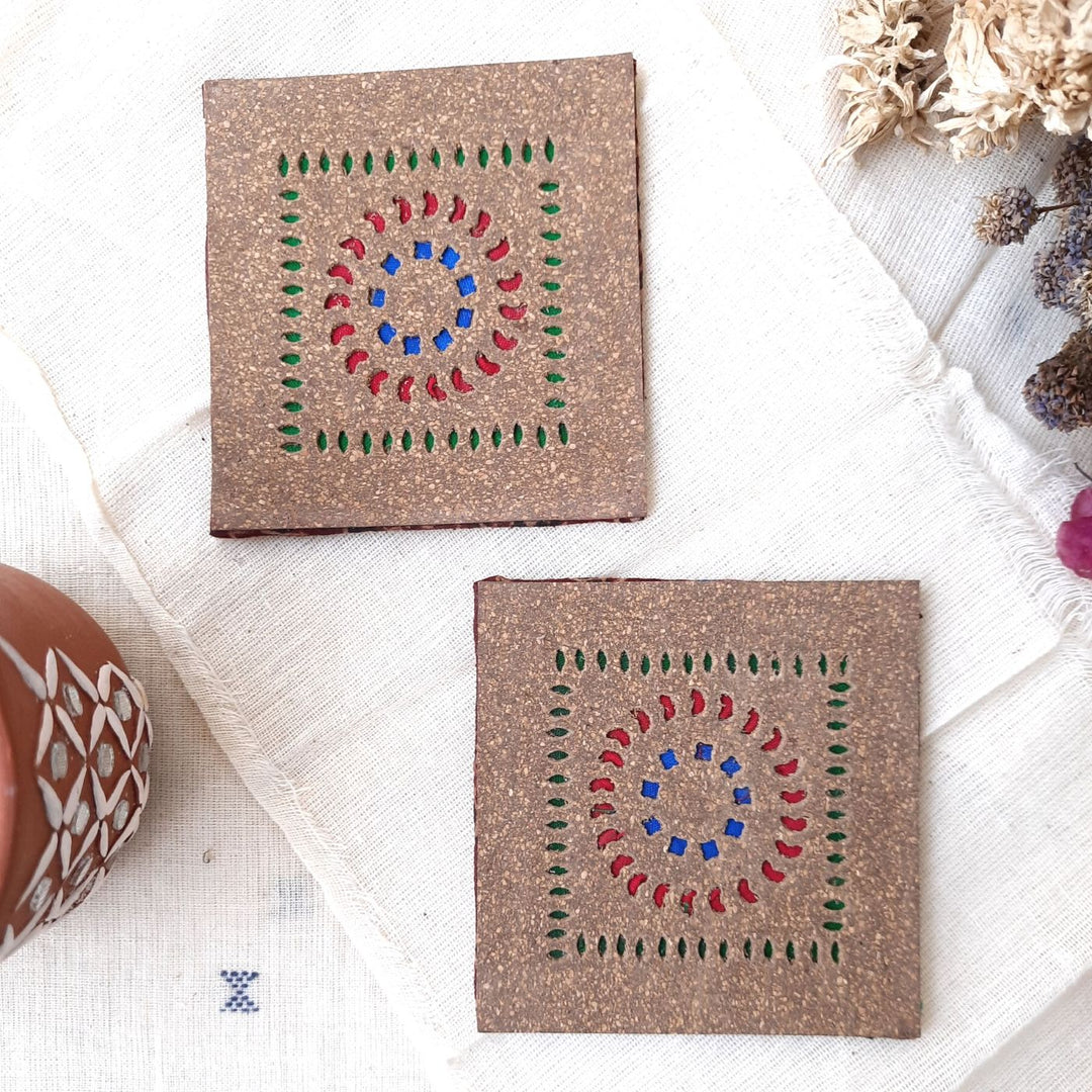 Upcycled Cork & Ajrakh Print Fabric Square Coasters I Set of 2