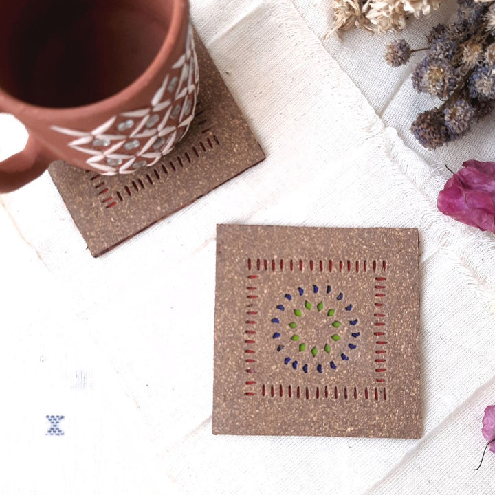 Upcycled Cork & Ajrakh Print Fabric Square Coasters I Set of 2