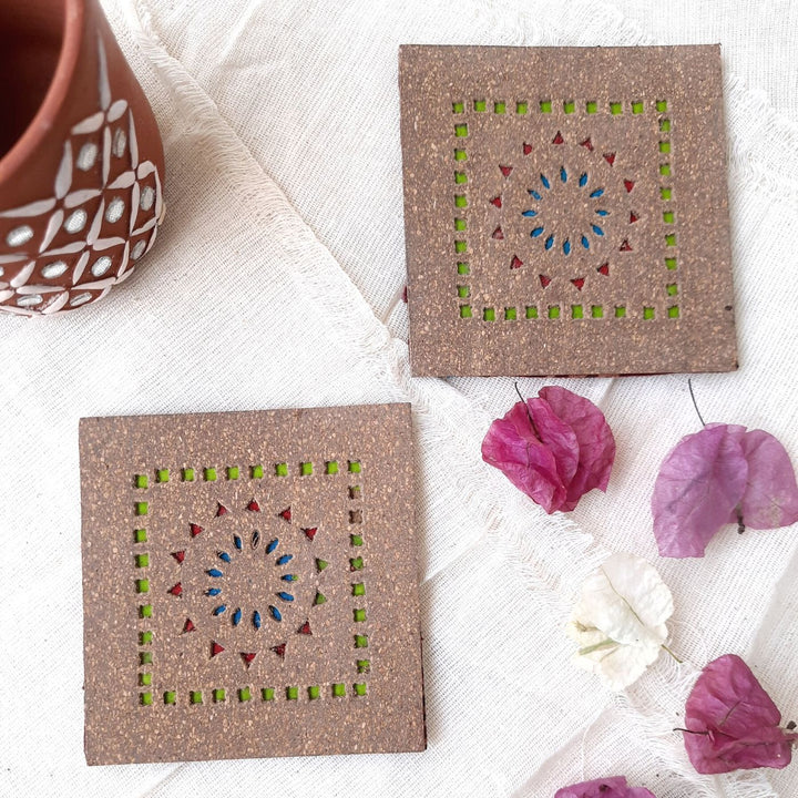 Upcycled Cork & Ajrakh Print Fabric Square Coasters I Set of 2