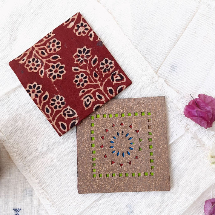 Upcycled Cork & Ajrakh Print Fabric Square Coasters I Set of 2