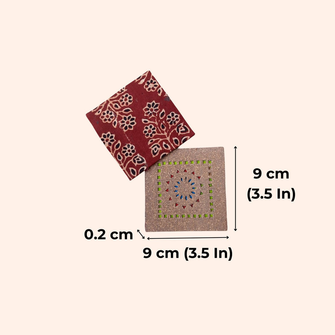 Upcycled Cork & Ajrakh Print Fabric Square Coasters I Set of 2