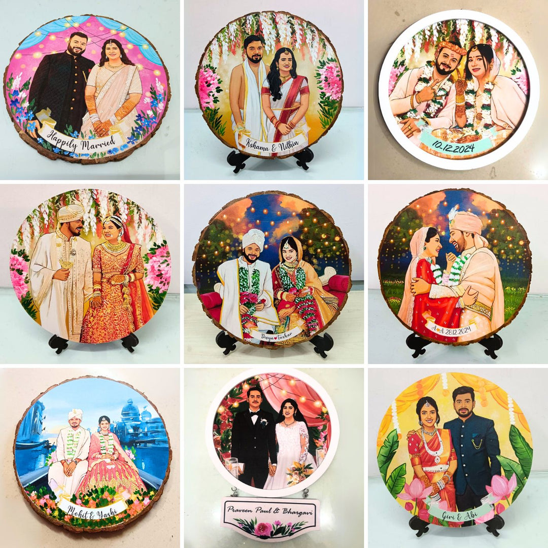 Photo Caricature Name Plate With Stand For Wedding Couples - Nine personalized couple portraits on circular plaques