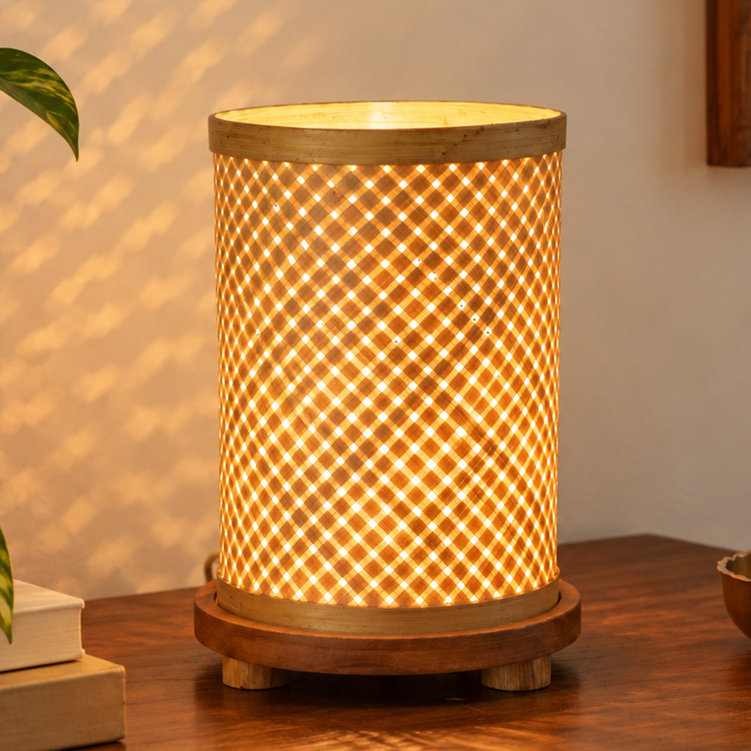 Handmade Woven Bamboo Cylindrical Table Lamp With Wooden Base For Home Decor