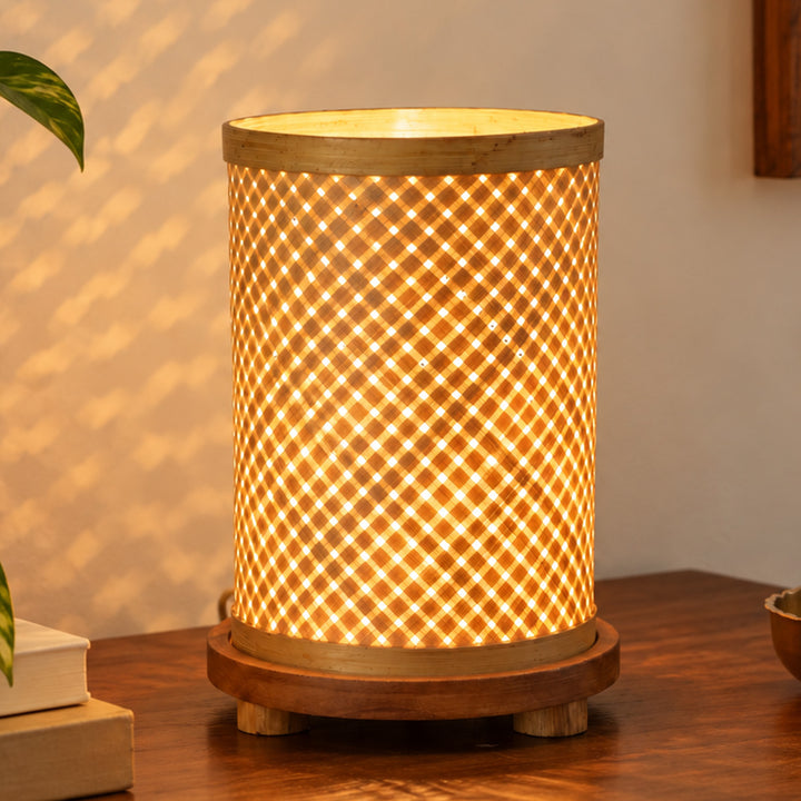 Handmade Woven Bamboo Cylindrical Table Lamp With Wooden Base For Home Decor