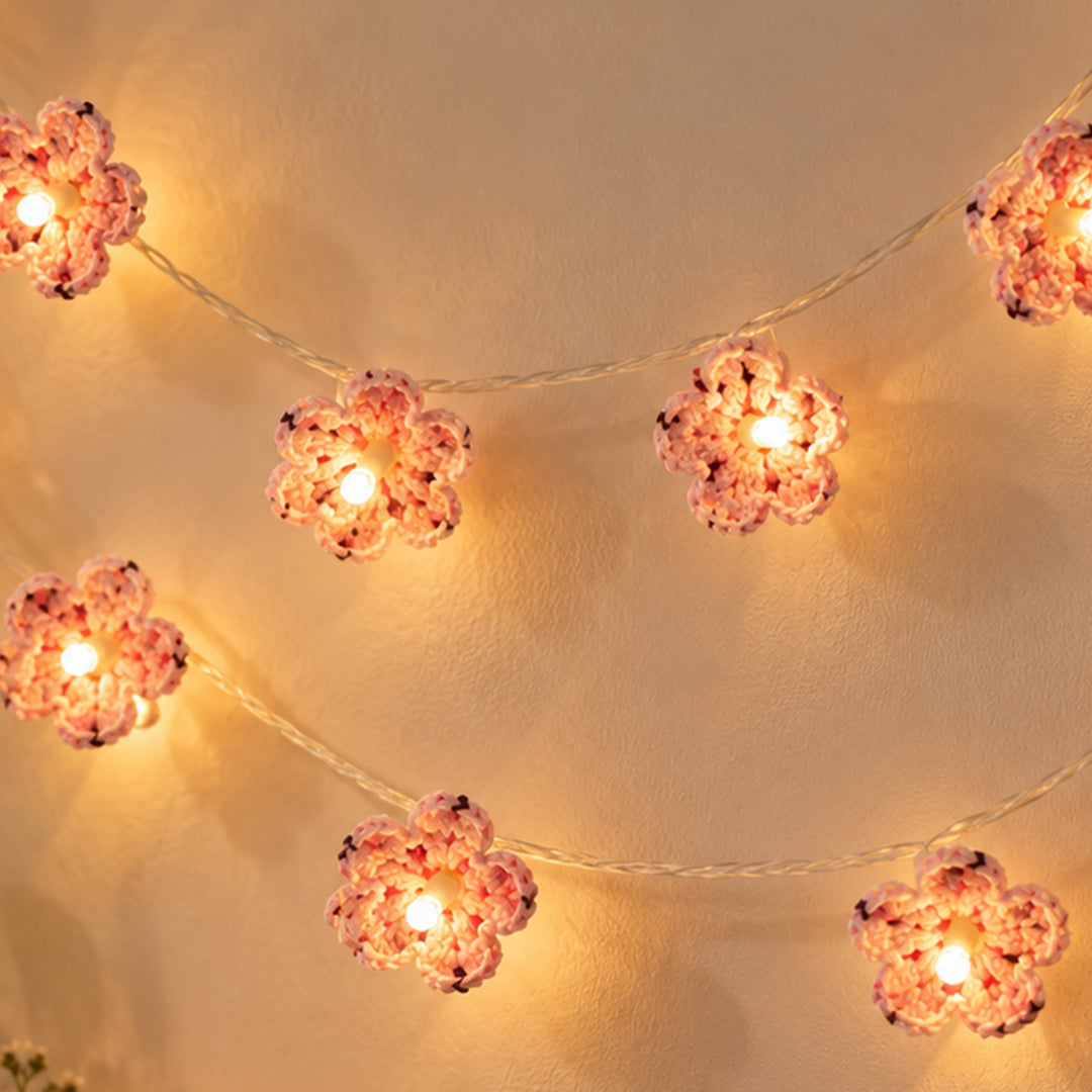 Handmade Crochet Blossom Wool LED Fairy Light For Festive Decor - Pink