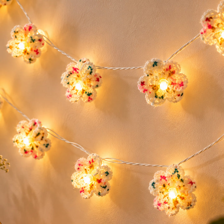 Handmade Crochet Blossom Wool LED Fairy Light For Festive Decor - Off White