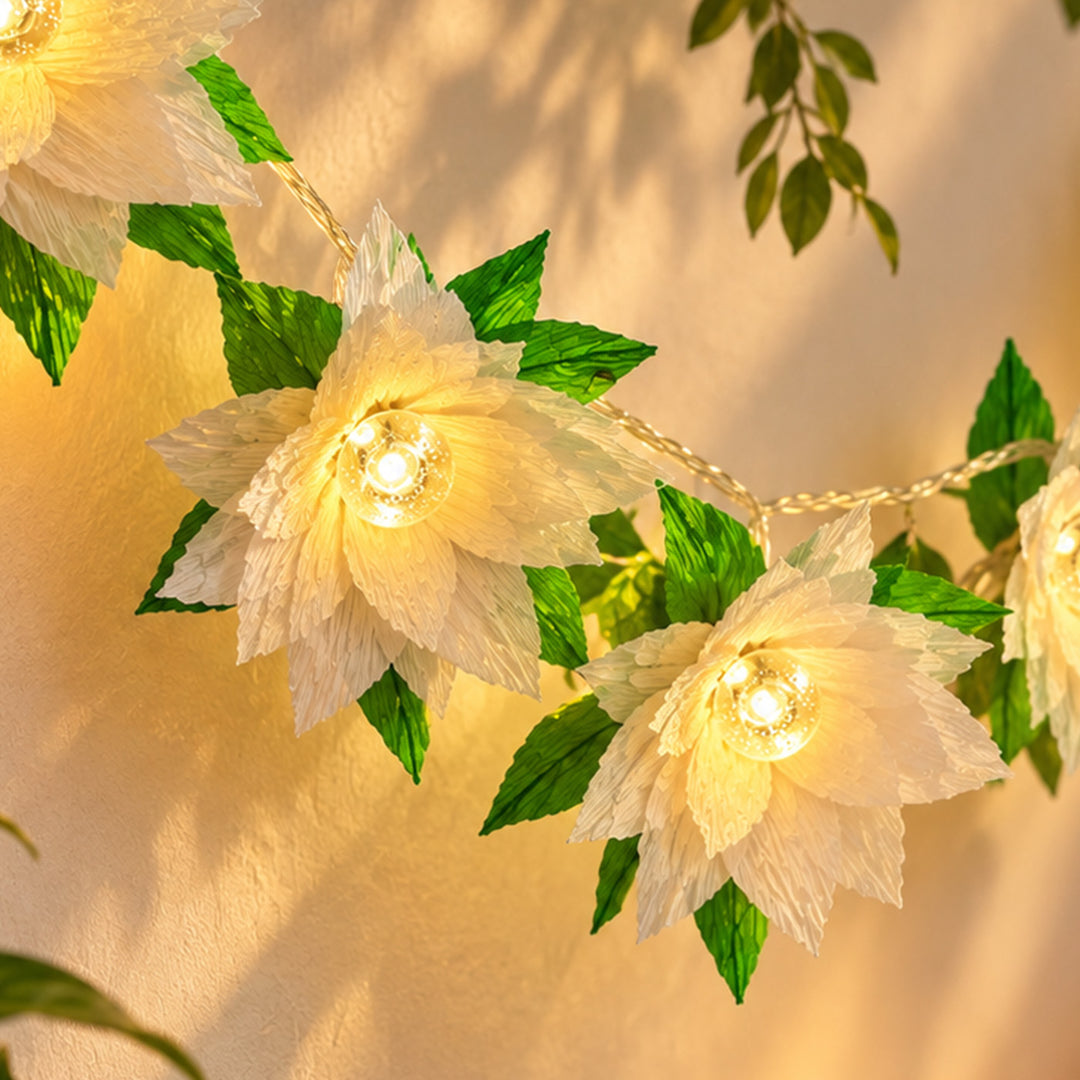 Handmade Phool Jhalar Crepe Paper Flower LED Fairy Light For Festive Decor - White & Green