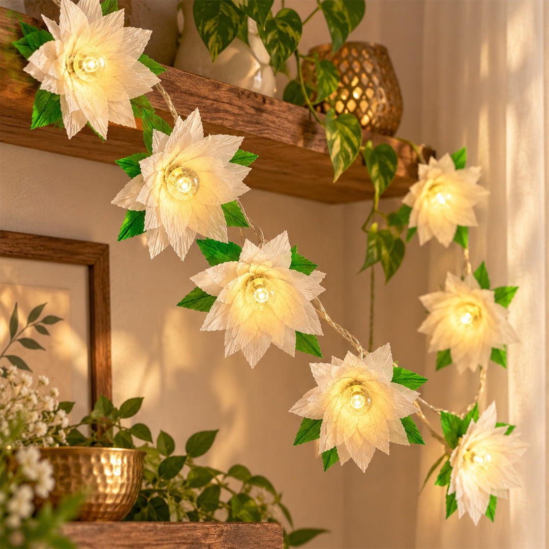 Handmade Phool Jhalar Crepe Paper Flower LED Fairy Light For Festive Decor - White & Green