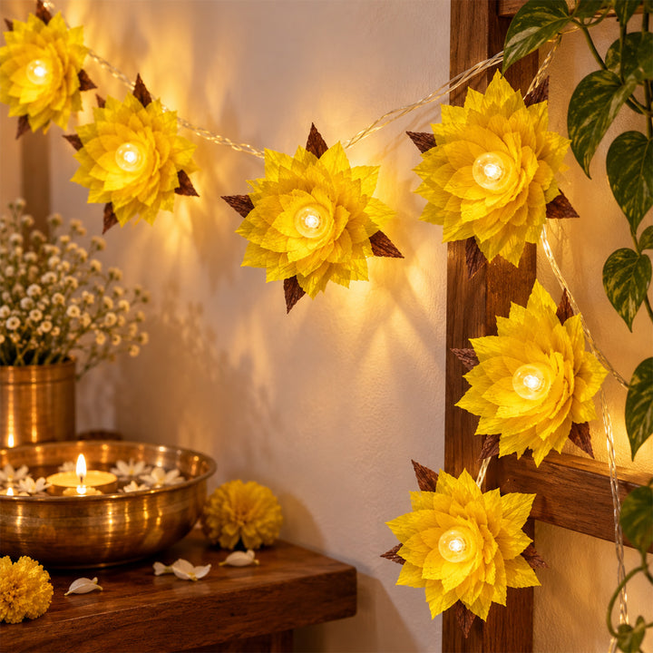 Handmade Phool Jhalar Crepe Paper Flower LED Fairy Light For Festive Decor - Yellow & Brown