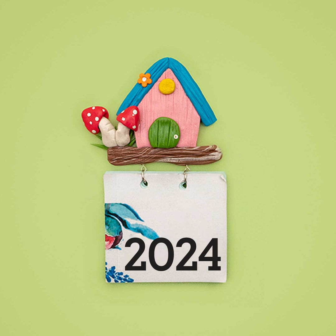 Pink & Blue Birdhouse 2024 Clay Calendar Magnet