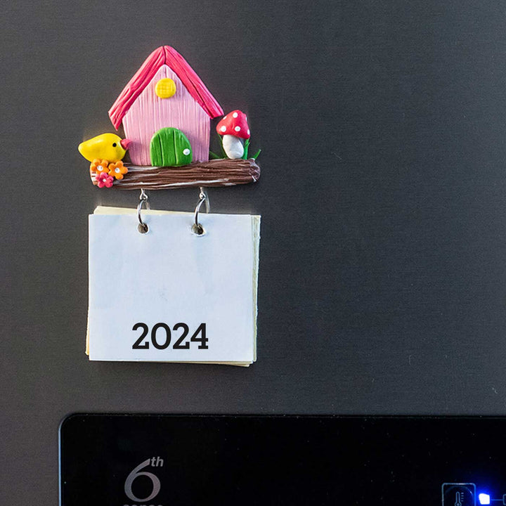 Pink Birdhouse 2024 Clay Calendar Magnet