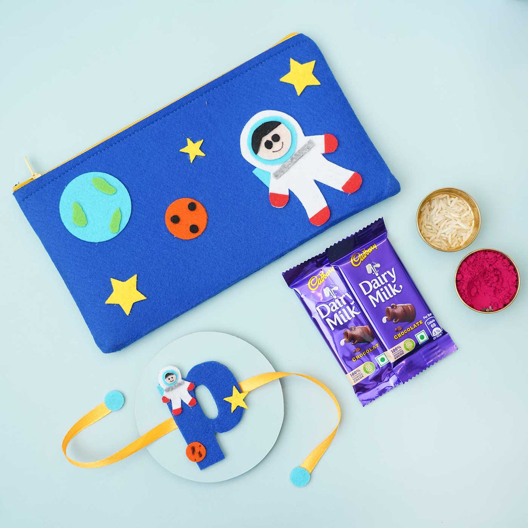 Personalised Handmade Felt Rakhi Astronaut Pouch With Chocolates Roli Chawal - Front View with Chocolates and Rakhi