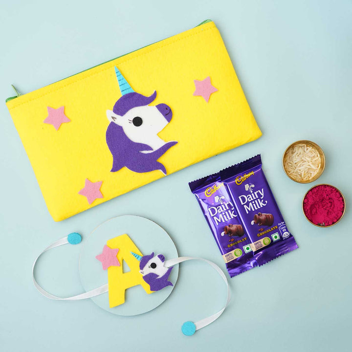 Personalised Handmade Felt Rakhi Unicorn Pouch With Chocolates Roli Chawal - Styled Flat Lay with Chocolates
