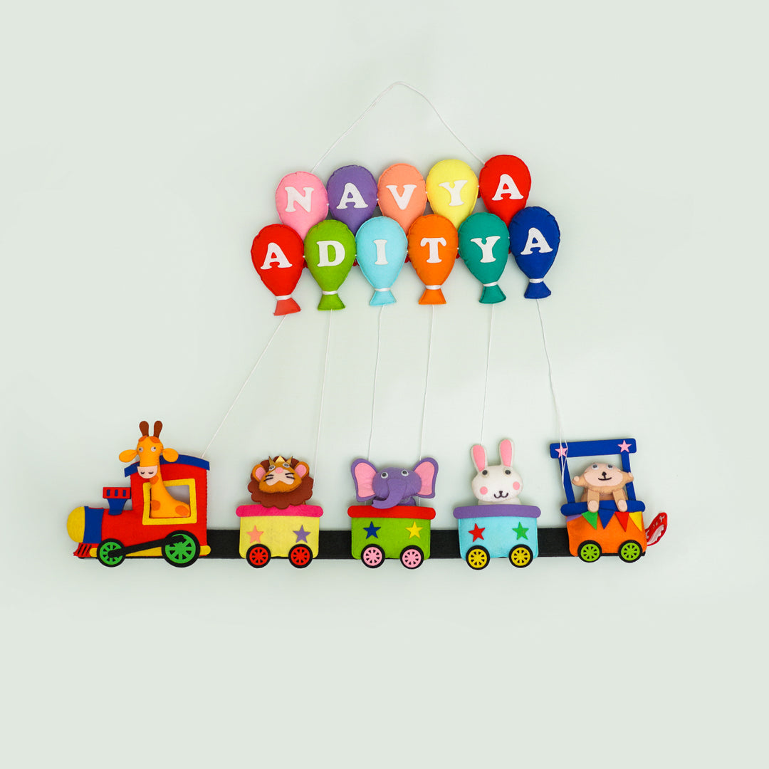 Handcrafted Personalized Felt Name Plate For Siblings | Jungle Animal Train Themed