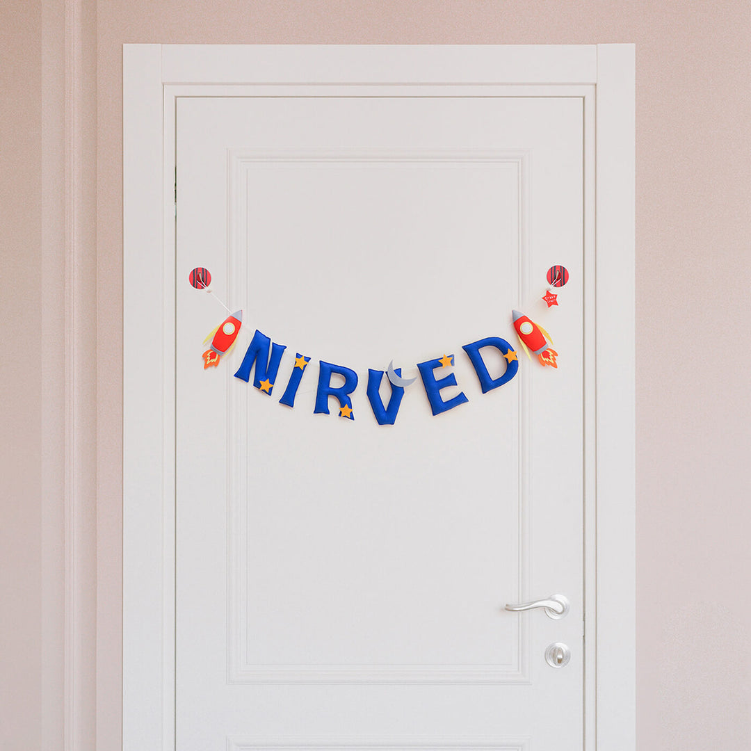 Handcrafted Personalized Spaceship Themed Felt Bunting For Kids - Hanging Name Banner on Door