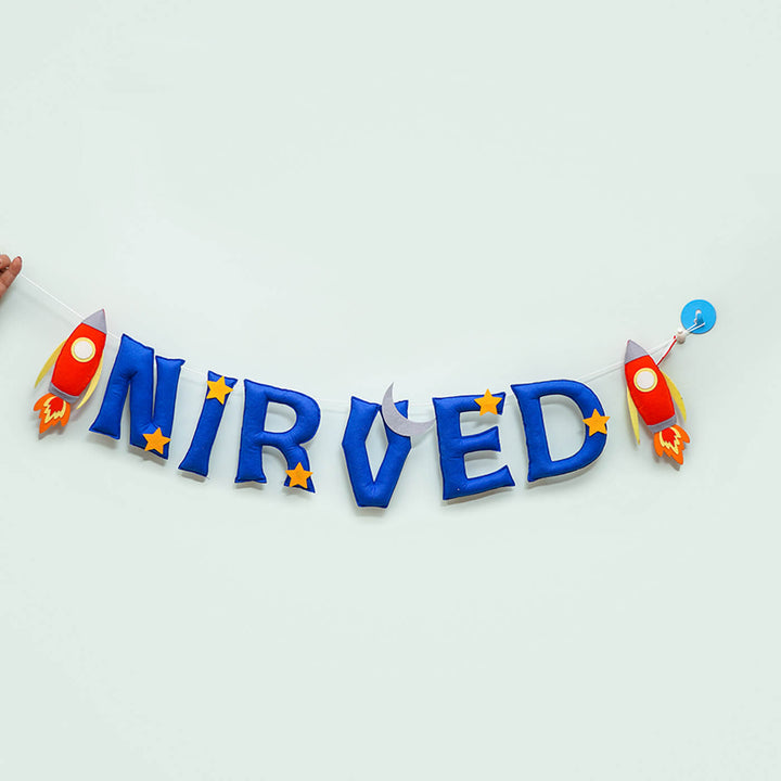 Handcrafted Personalized Spaceship Themed Felt Bunting For Kids - Front View Hanging Banner Display