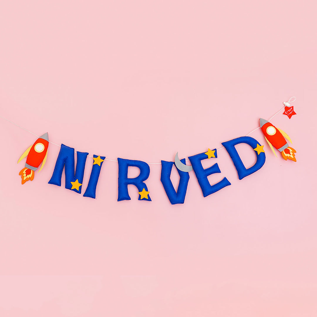 Handcrafted Personalized Spaceship Themed Felt Bunting For Kids - Name Personalization Example Hanging Banner