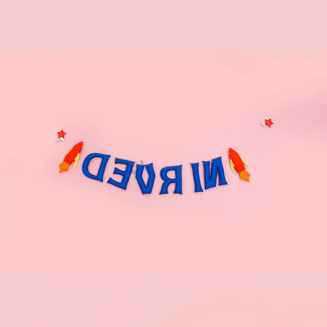 Handcrafted Personalized Spaceship Themed Felt Bunting For Kids - Back View Hanging Banner