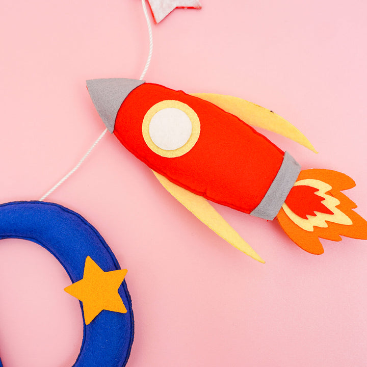 Handcrafted Personalized Spaceship Themed Felt Bunting For Kids - Top Down Hanging Mobile View