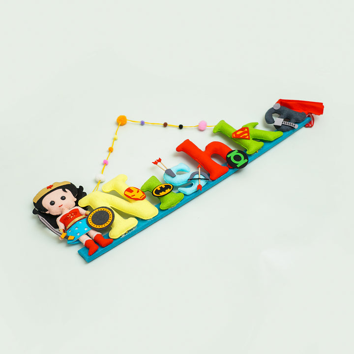 Wonder Women Name Plate For Kids - Angled View Showing Character Details
