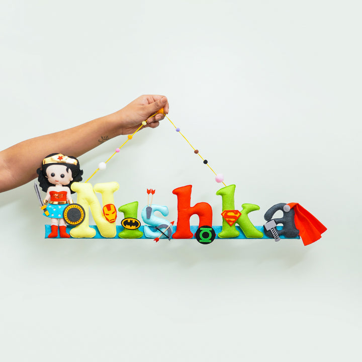 Wonder Women Name Plate For Kids - Front View Hanging from Hand