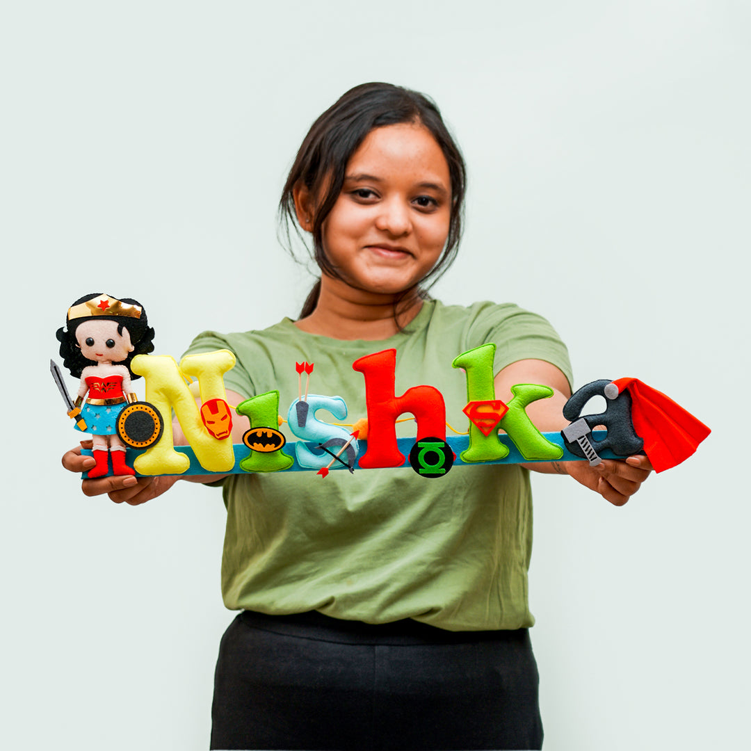 Wonder Women Name Plate For Kids - Held Front View with Name Display
