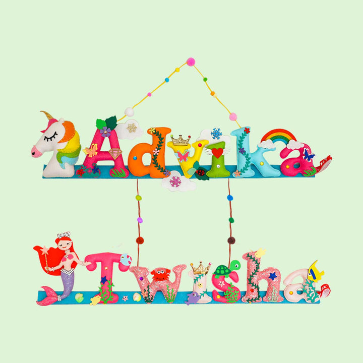 Test Product Handcrafted Personalized Themed Felt Name Plate For Sibling 1 - Front View Hanging Name Signs