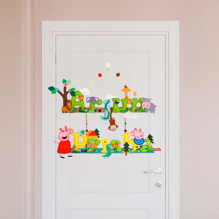 Test Product Handcrafted Personalized Themed Felt Name Plate For Sibling 2 - Hanging on Door Front View