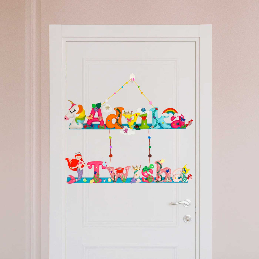 Test Product Handcrafted Personalized Themed Felt Name Plate For Sibling 1 - Hanging on White Door Front View