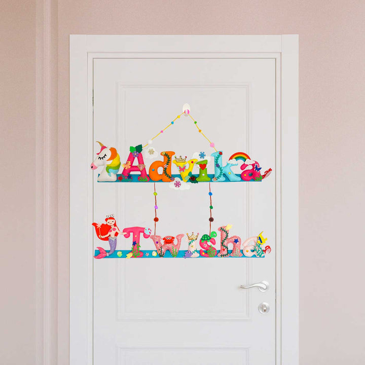 Test Product Handcrafted Personalized Themed Felt Name Plate For Sibling 1 - Hanging on White Door Front View