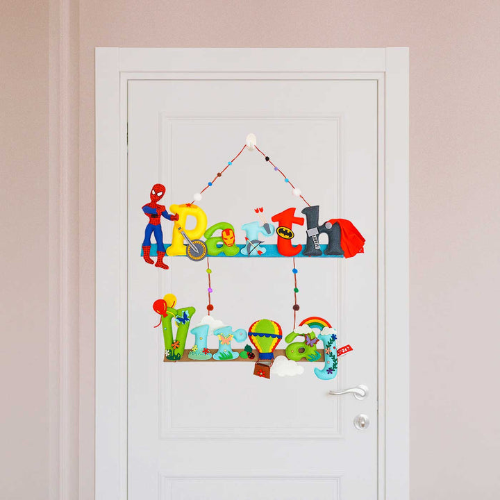 Test Product Handcrafted Personalized Balloon Themed Felt Nameplate For Kids - Hanging on Door Front View