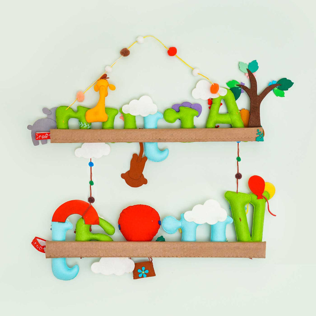 Test Product Handcrafted Personalized Themed Felt Name Plate For Sibling 2 - Front View Hanging Nursery Decor