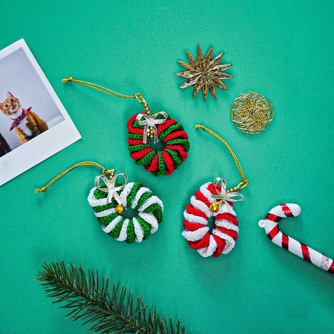Handmade Wreath Shaped Crochet Ornaments For Christmas Tree Decoration | Set Of 3
