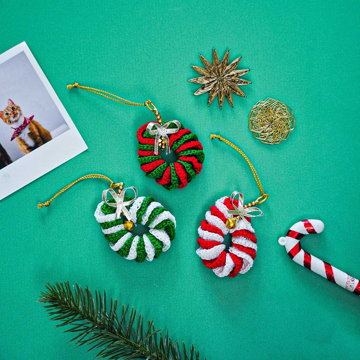 Handmade Wreath Shaped Crochet Ornaments For Christmas Tree Decoration | Set Of 3
