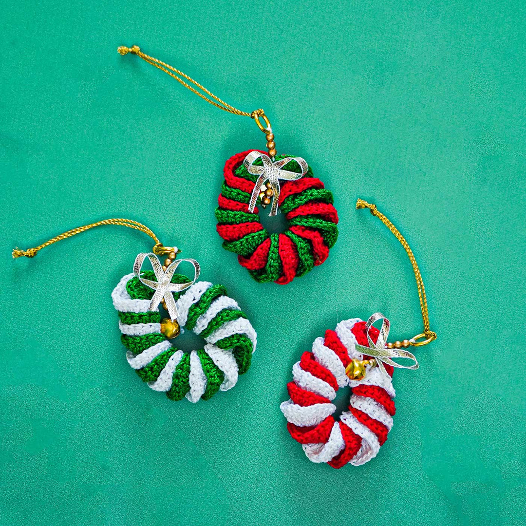 Handmade Wreath Shaped Crochet Ornaments For Christmas Tree Decoration | Set Of 3