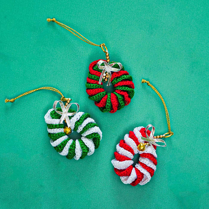 Handmade Wreath Shaped Crochet Ornaments For Christmas Tree Decoration | Set Of 3
